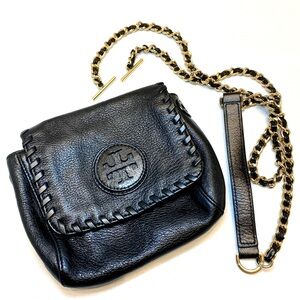 Tory Burch Marion Black Leather Crossbody with Gold-tone Leather Strap